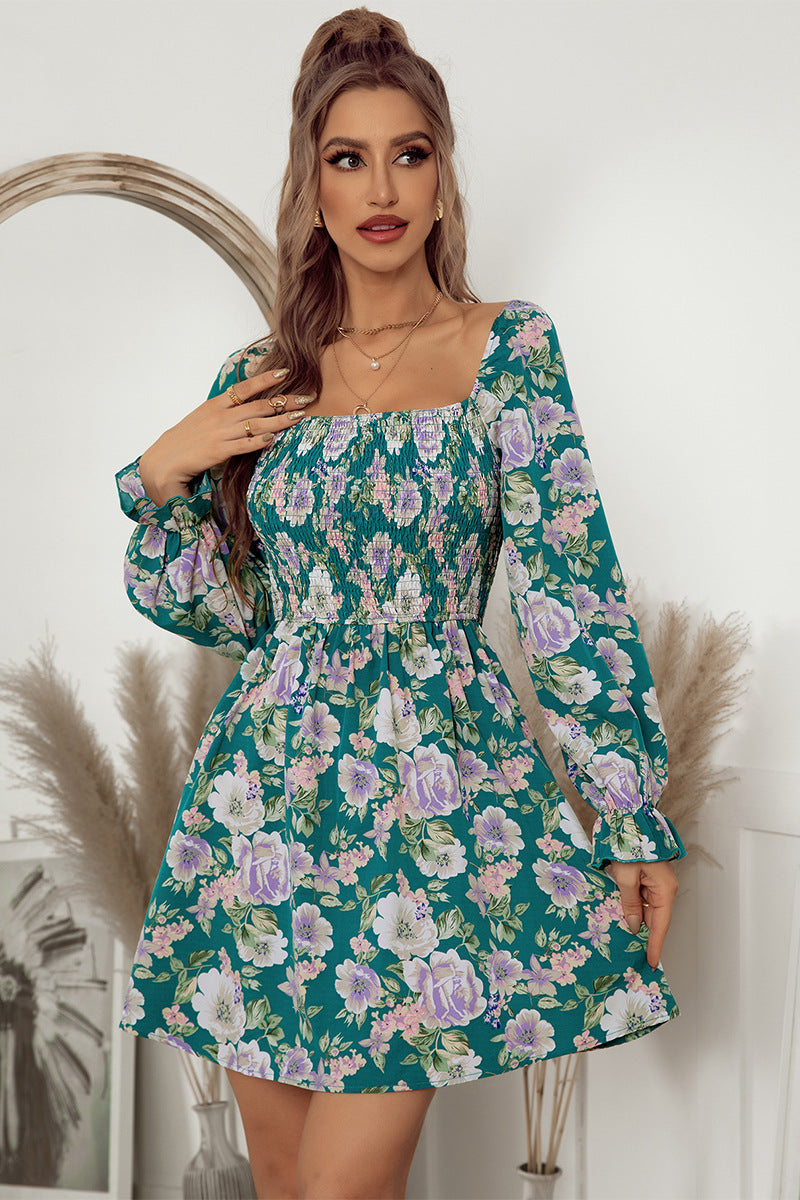 flowersverse Chic Floral Smocked Flounce Sleeve Square Neck Mini Dress