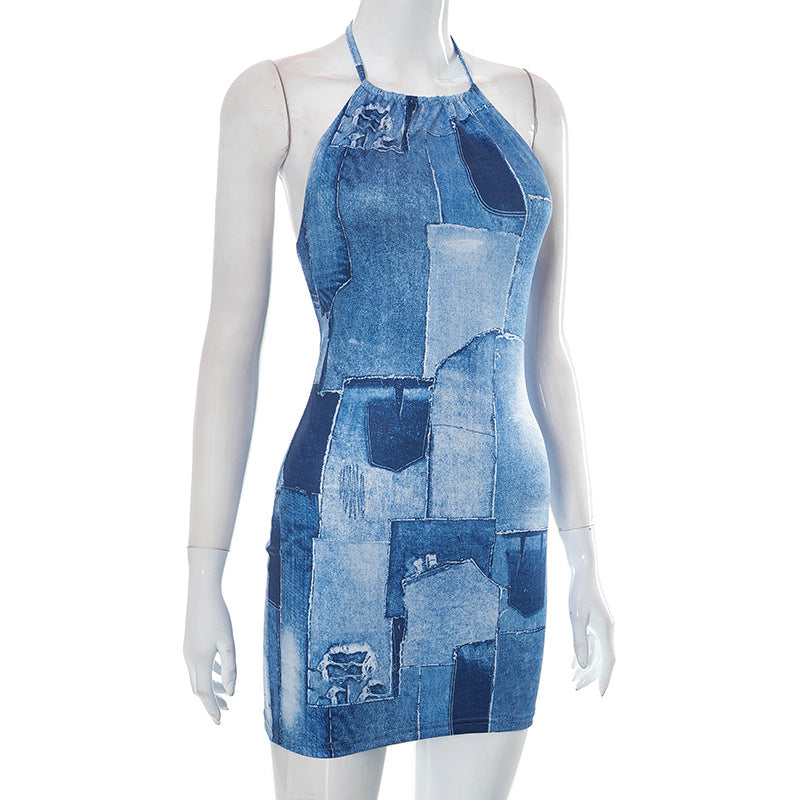 flowersverse Women Summer Casual Sleeveless Halter Neck Lace-Up Denim Print Backless Dress