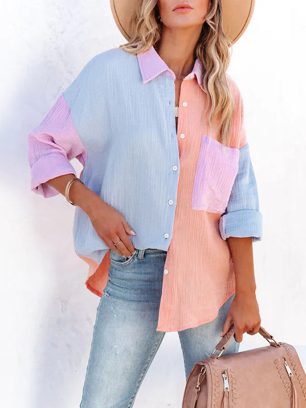 flowersverse Casual Long Sleeves Contrast Color Split-Joint Lapel Blouses