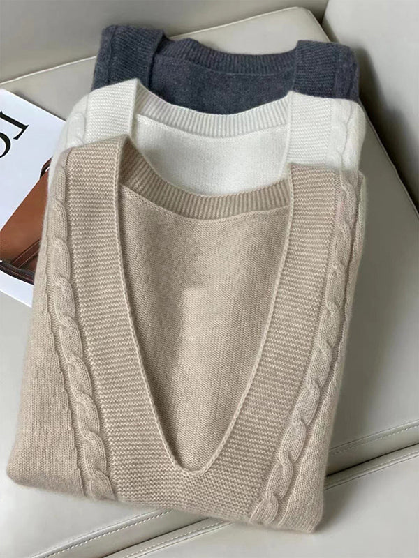 flowersverse Casual Loose Knitting Sleeveless Solid Color V-Neck Vest Top