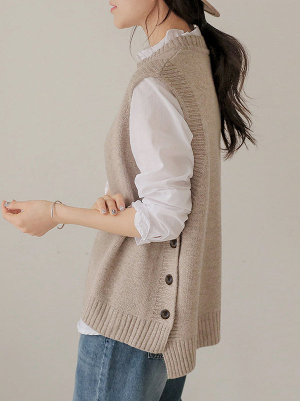 flowersverse Simple Sleeveless Loose Buttoned Solid Color Round-Neck Sweater Vest Outerwear