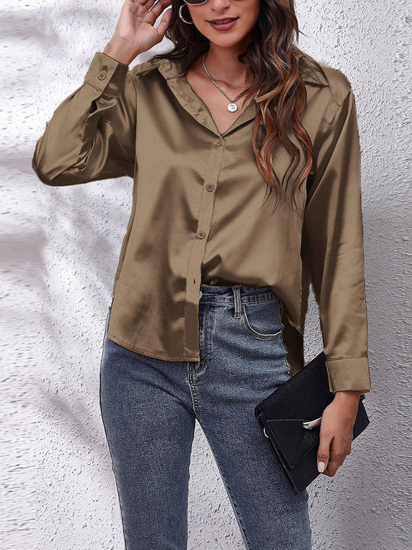 flowersverse Solid Color Long Sleeves Loose Lapel Blouses&Shirts Tops