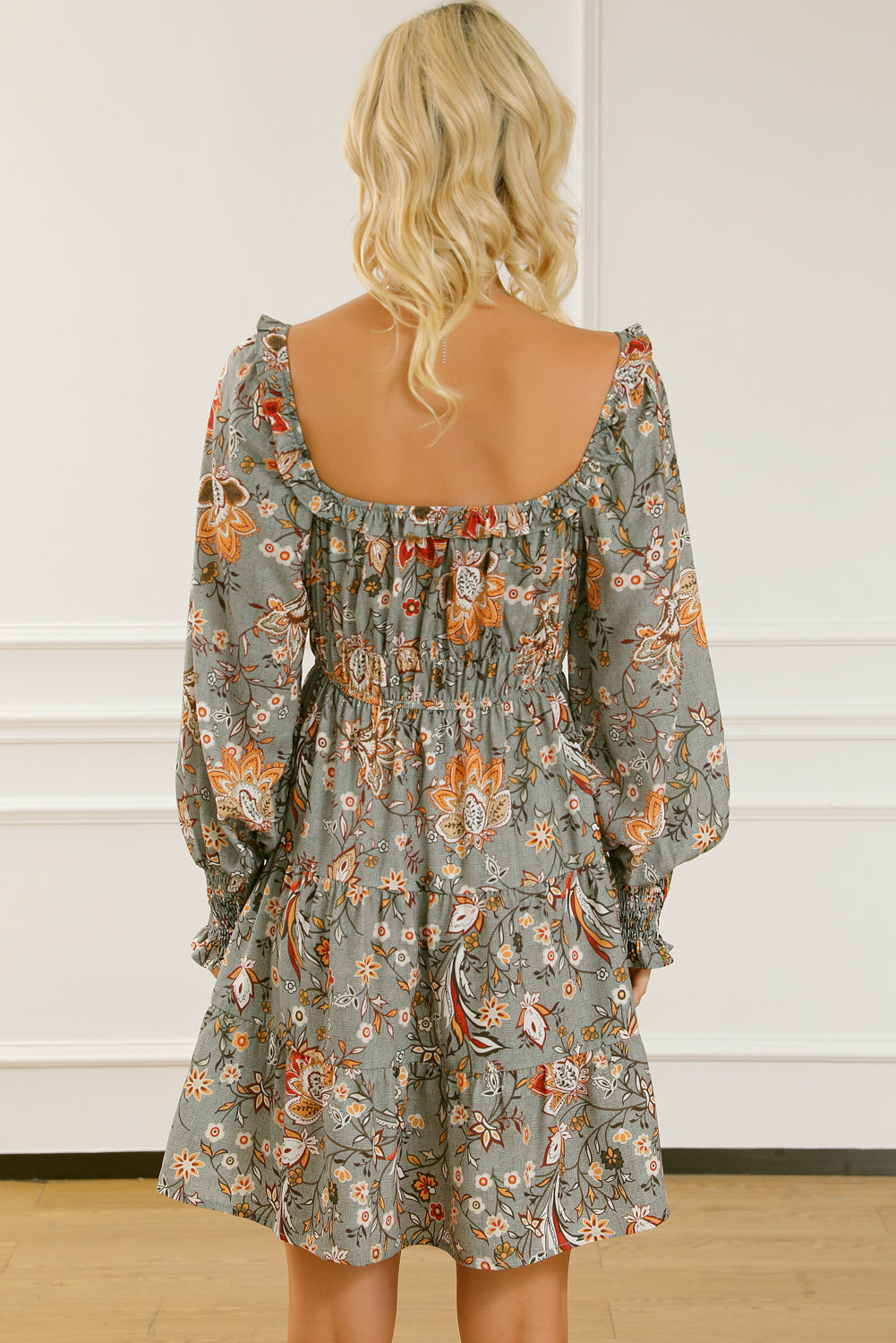 flowersverse Multicolour Floral Long Sleeve Frilled U-Neck Ruffled Dress