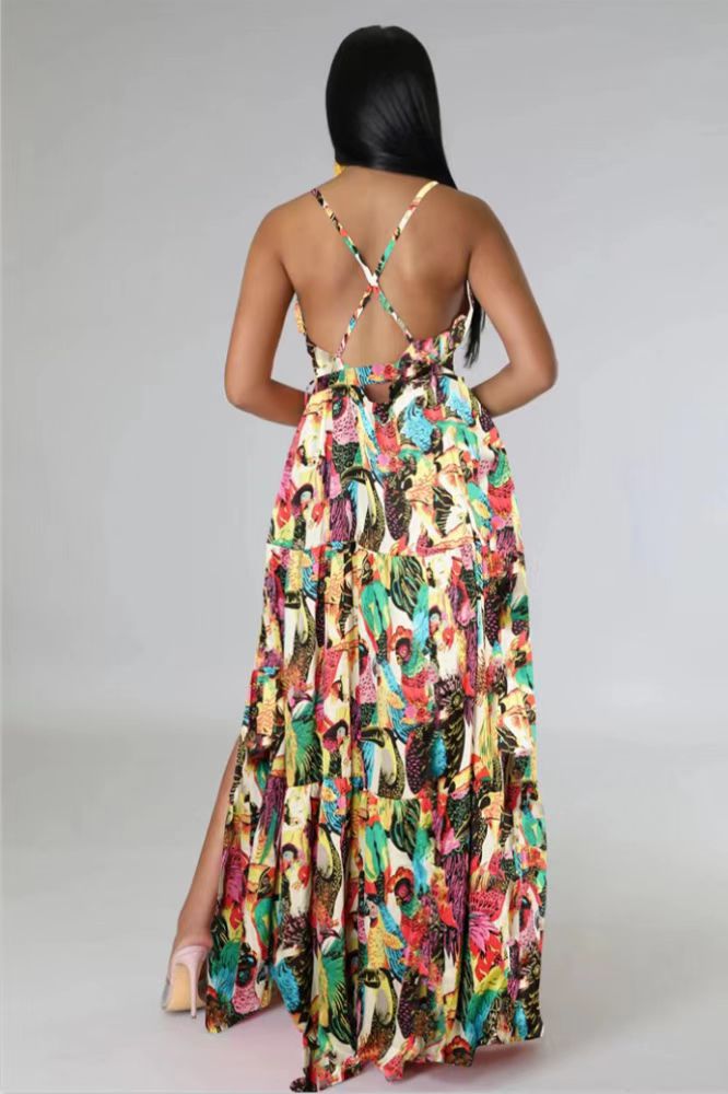 flowersverse Floral V Neck Flowy Split Maxi Dress