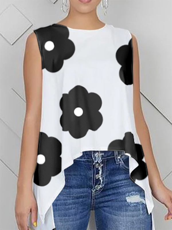 flowersverse High-Low Loose Contrast Color Floral Printed Round-Neck Vest Top
