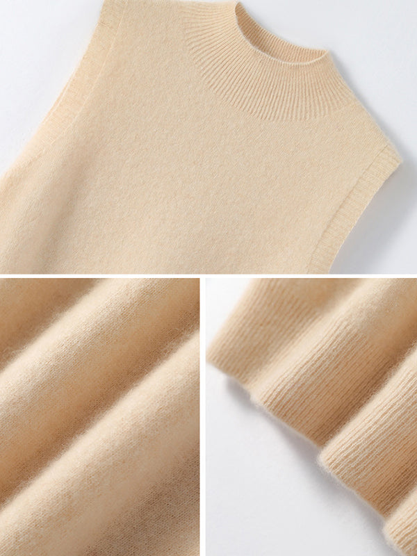 flowersverse Stylish Wool Sleeveless Solid Color Half Turtleneck Vest Top