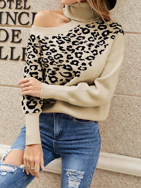 flowersverse Hollow Leopard Long Sleeves Loose High Neck Sweater Tops Pullovers Knitwear
