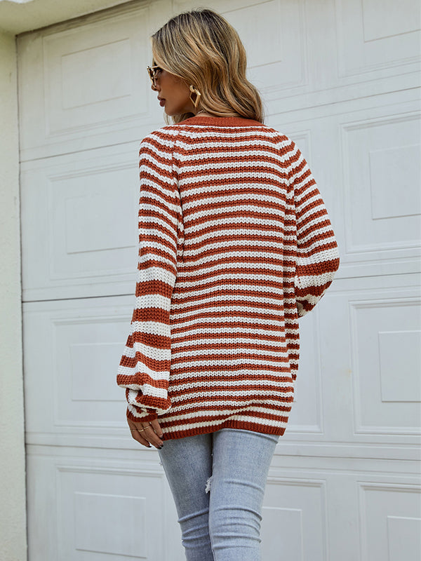 flowersverse Casual Loose Long Sleeves Striped V-Neck Cardigan Tops