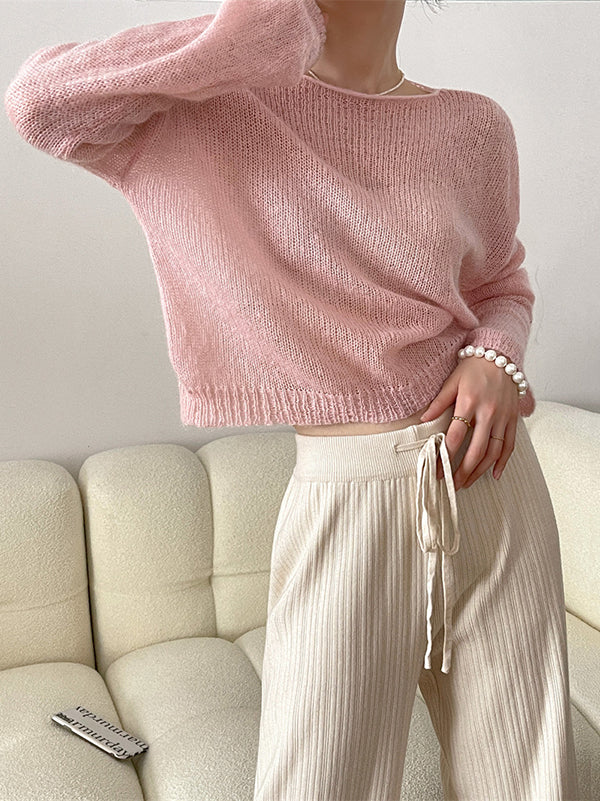 flowersverse Gentle Mohair Knitted Loose Long Sleeves Solid Color Thin Sweater Tops