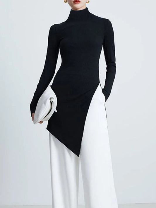 flowersverse Asymmetric Solid Color Long Sleeves Skinny High Neck T-Shirts Tops