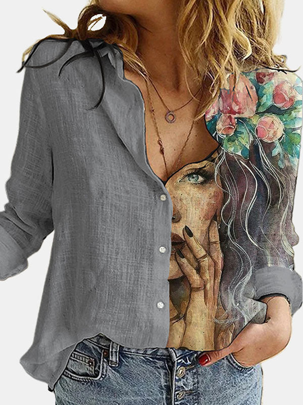 flowersverse Stylish Asymmetric Floral Printed Lapel Long Sleeves Blouse Tops