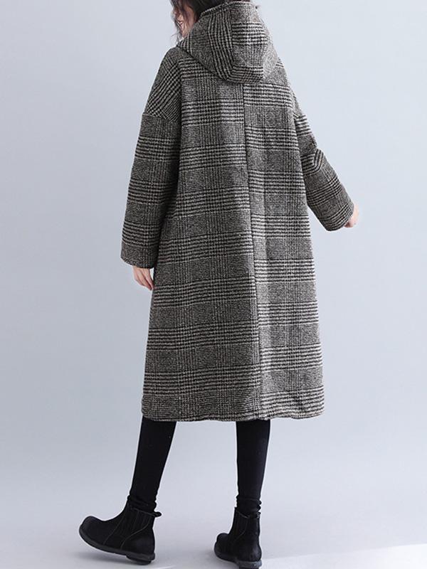 flowersverse Loose Plaid Woolen Hood Coat