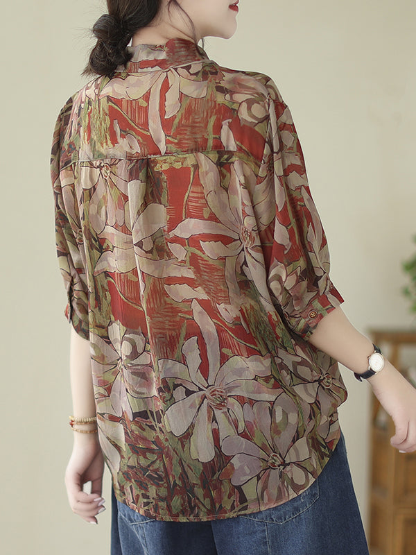 flowersverse Buttoned Flower Print Tied Long Sleeves Loose Lapel Blouses&Shirts Tops