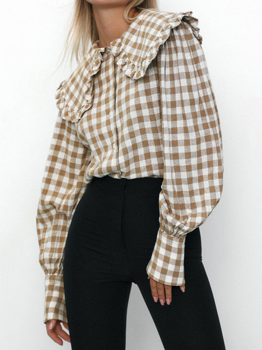 flowersverse Plaid Long Sleeves Loose Peter Pan Collar Blouses&Shirts Tops