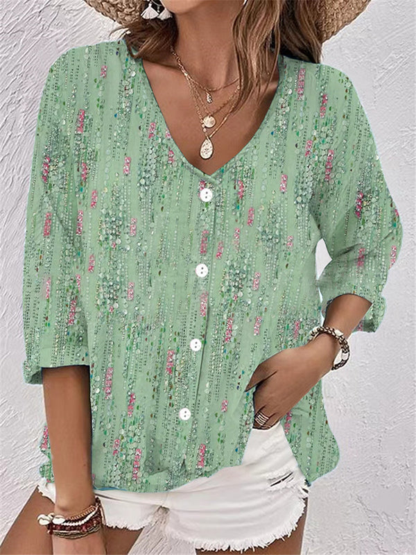 flowersverse Buttoned Flower Print Long Sleeves Loose V-neck Blouses&shirts Tops