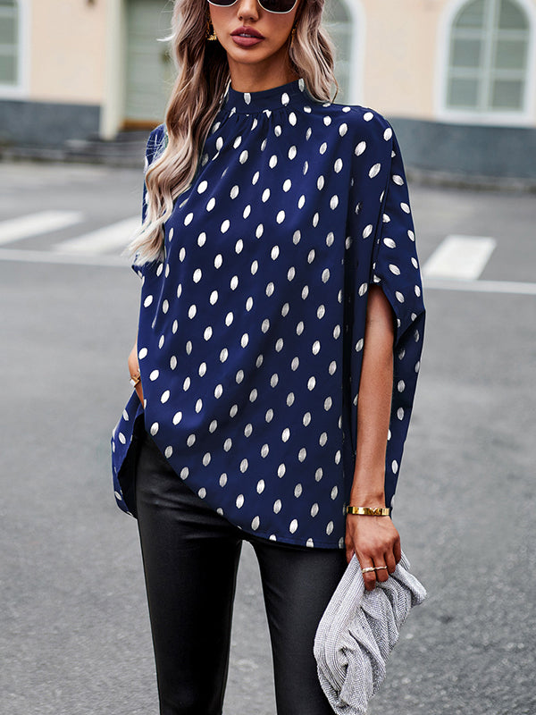 flowersverse Bandage Polka Dot Loose Round-Neck Blouses&Shirts Tops