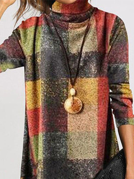 flowersverse Vintage Plaid Long Sleeve Turtleneck Casual Knitting Dress
