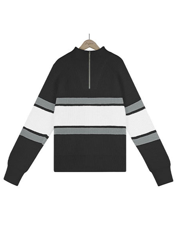 flowersverse Stylish Loose Solid Color& Contrast Color Striped Lapel Collar Sweater Tops