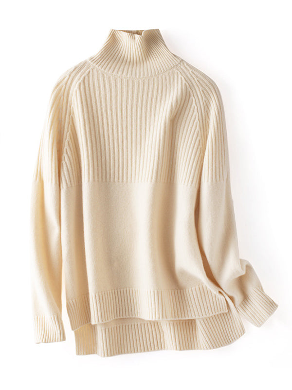 flowersverse Casual Long Sleeves Loose Solid Color High-Neck Sweater Tops