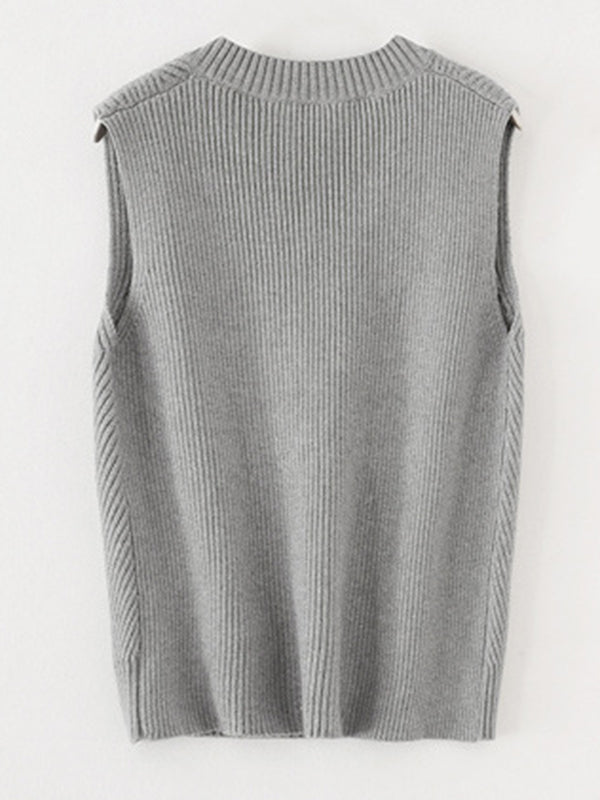 flowersverse Casual Sleeveless Loose Solid Color V-Neck Vest Outerwear