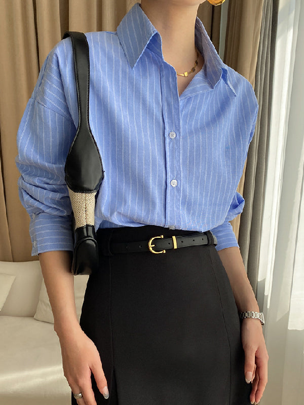 flowersverse Buttoned Striped Long Sleeves Loose Lapel Blouses&Shirts Tops