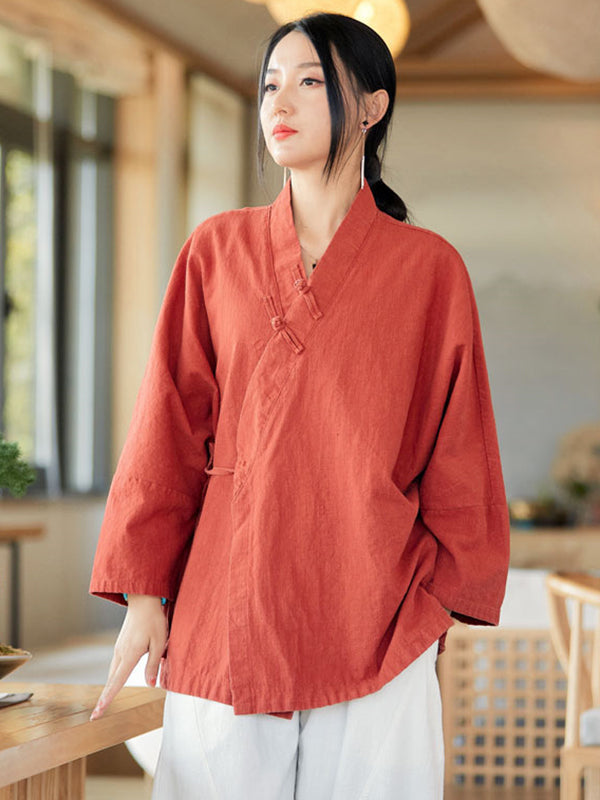 flowersverse Vintage Long Sleeves Loose Buttoned Tied Solid Color V-Neck Outerwear