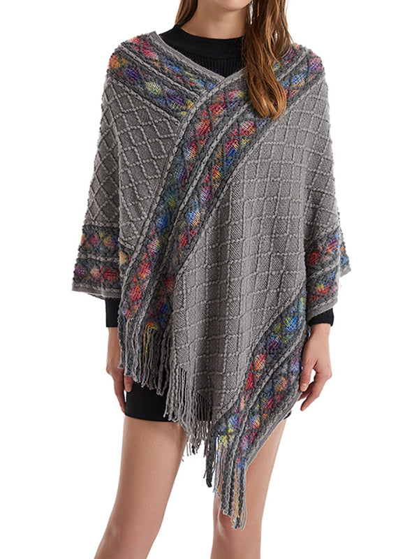 flowersverse Asymmetric Tasseled Loose V-Neck Shawl&Cloak Cape