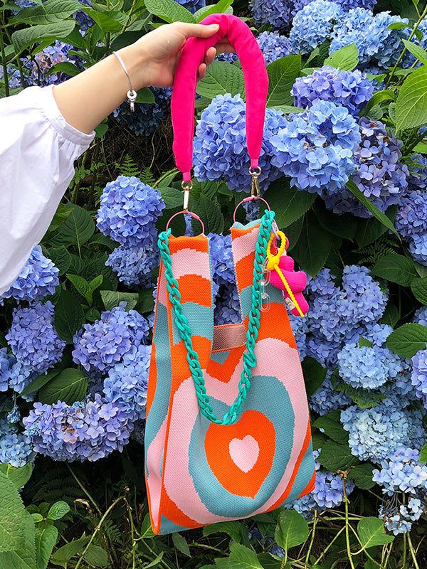 flowersverse Chains Contrast Color Heart Print Woven Handbags Bags