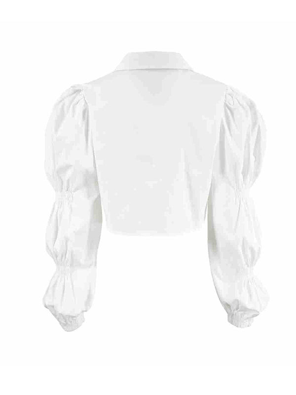 flowersverse Buttoned Elasticity Solid Color Bishop Sleeve Long Sleeves Lapel Blouses&Shirts Tops