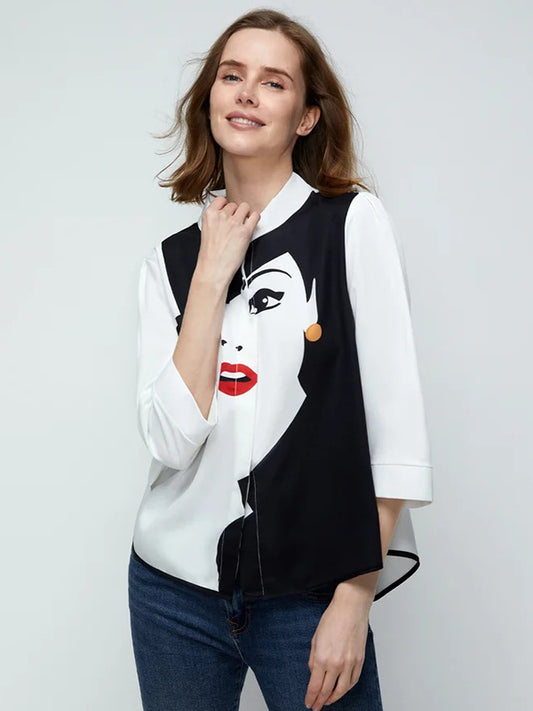 flowersverse Casual Three-Quarter Sleeves Figure Buttoned Printed Stand Collar Blouses&Shirts Tops