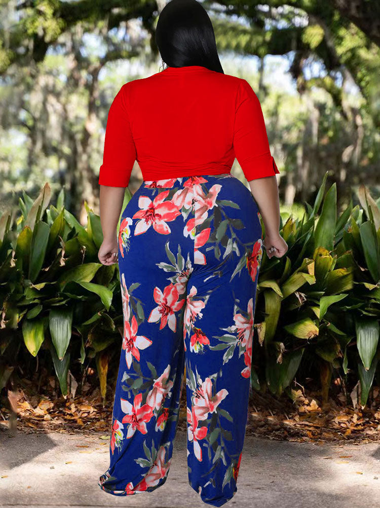 flowersverse Plus Size Two Piece Crop Top Long Pants Outfits