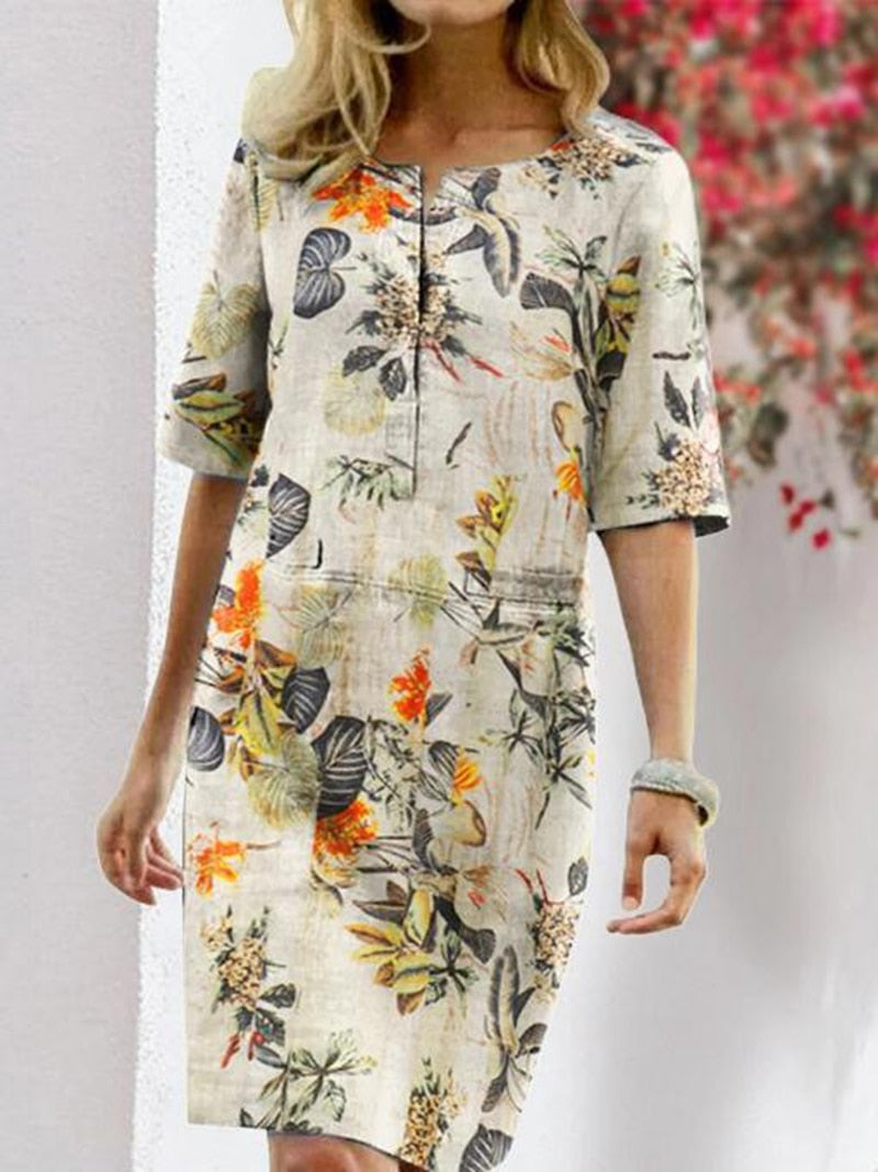 flowersverse Fashionkova Cotton Linen Boho Dress Women Summer New Floral Printed Bohemian Sundress Casual Short Sleeve O Neck Vintage Beach Vestidos