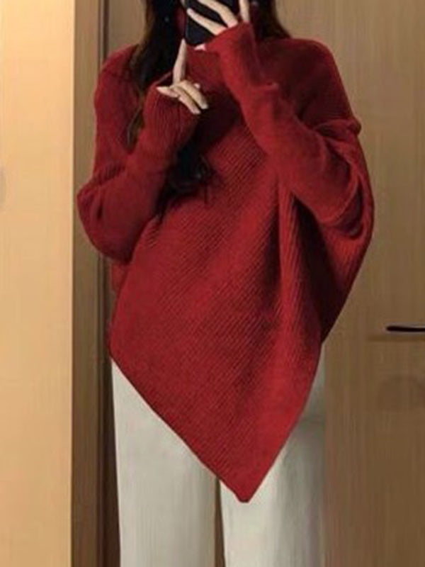 flowersverse Asymmetric Solid Color Velvet Long Sleeves Loose High Neck Sweater Tops Pullovers Knitwear