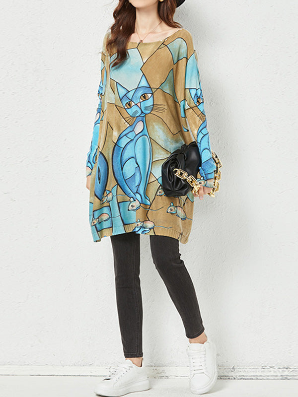 flowersverse Animal Printed Long Sleeves Loose Round-Neck Sweater Tops Pullovers Knitwear