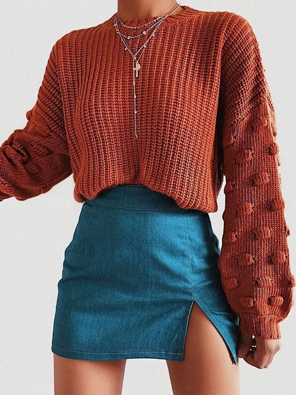 flowersverse Trendy Tops Puff Sleeves Loose Solid Color Round-Neck Sweater Tops