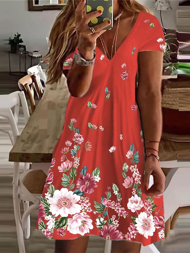 flowersverse Women's Plus Size Curve A Line Dress Floral V Neck Short Sleeve Spring Summer Casual Short Mini Dress Causal Daily Dress