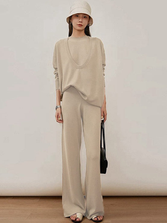 flowersverse Urban Loose Solid Round-Neck Vest Top& V-Neck Sweater Tops& Wide Leg Pants Three-Piece Set