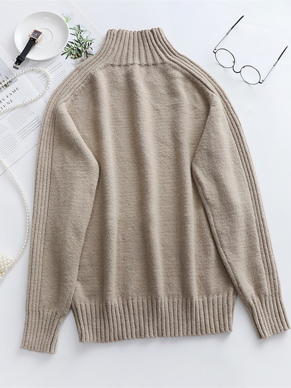 flowersverse Stylish Long Sleeves Loose Solid Color High-Neck Sweater Tops