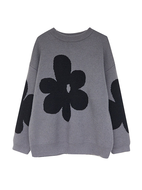 flowersverse Casual Loose Long Sleeves Contrast Color Jacquard Round-Neck Sweater Tops