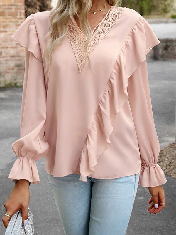 flowersverse Asymmetric Hollow Long Sleeves Loose V-Neck Blouses&Shirts Tops