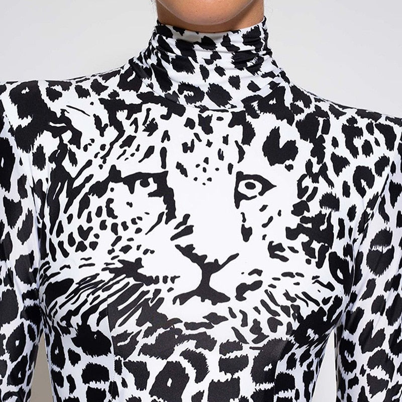 flowersverse Fashionkova Women Sexy Tight Dress Long Sleeve High Neck Tiger Skin Wrapped Fall Spring Tight Mini Dress Ladies Party Club Dress