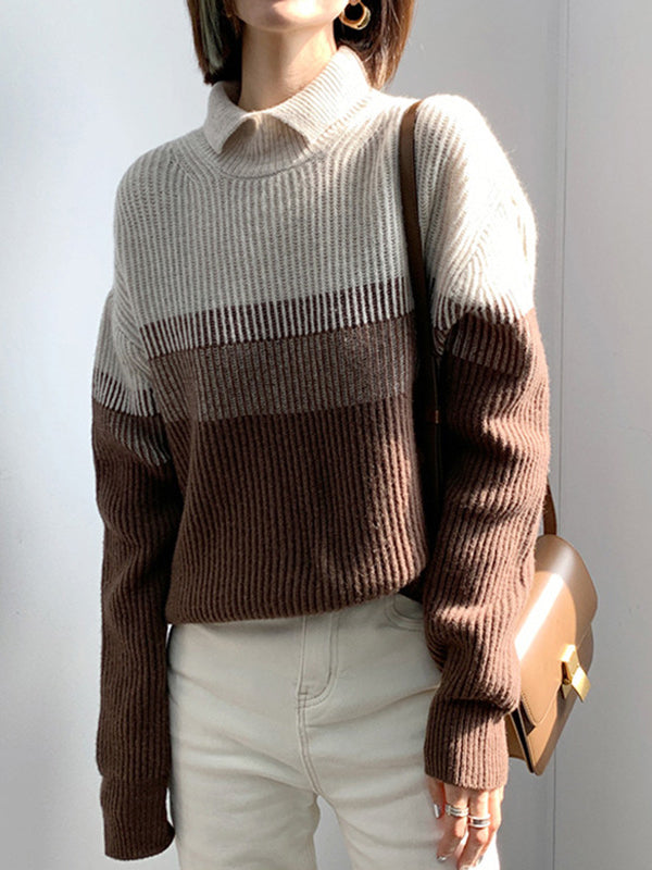 flowersverse Casual Loose Long Sleeves Striped High-Neck Sweater Tops