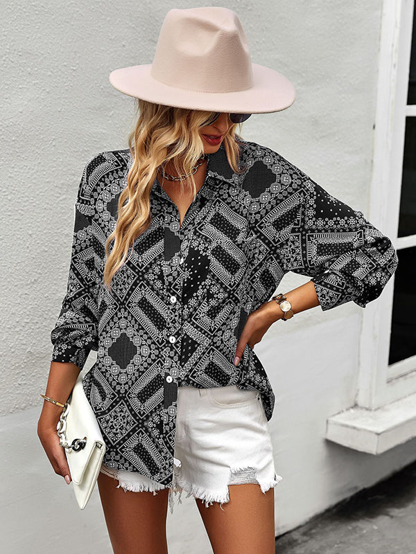 flowersverse Casual Loose Printed Lapel Collar Shirt Top