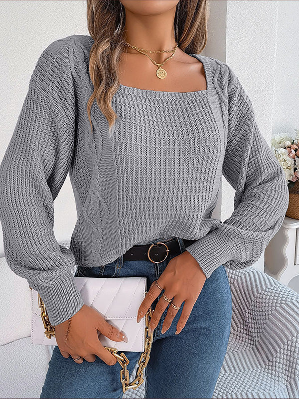 flowersverse Solid Color Long Sleeves Loose Square-Neck Sweater Tops Pullovers