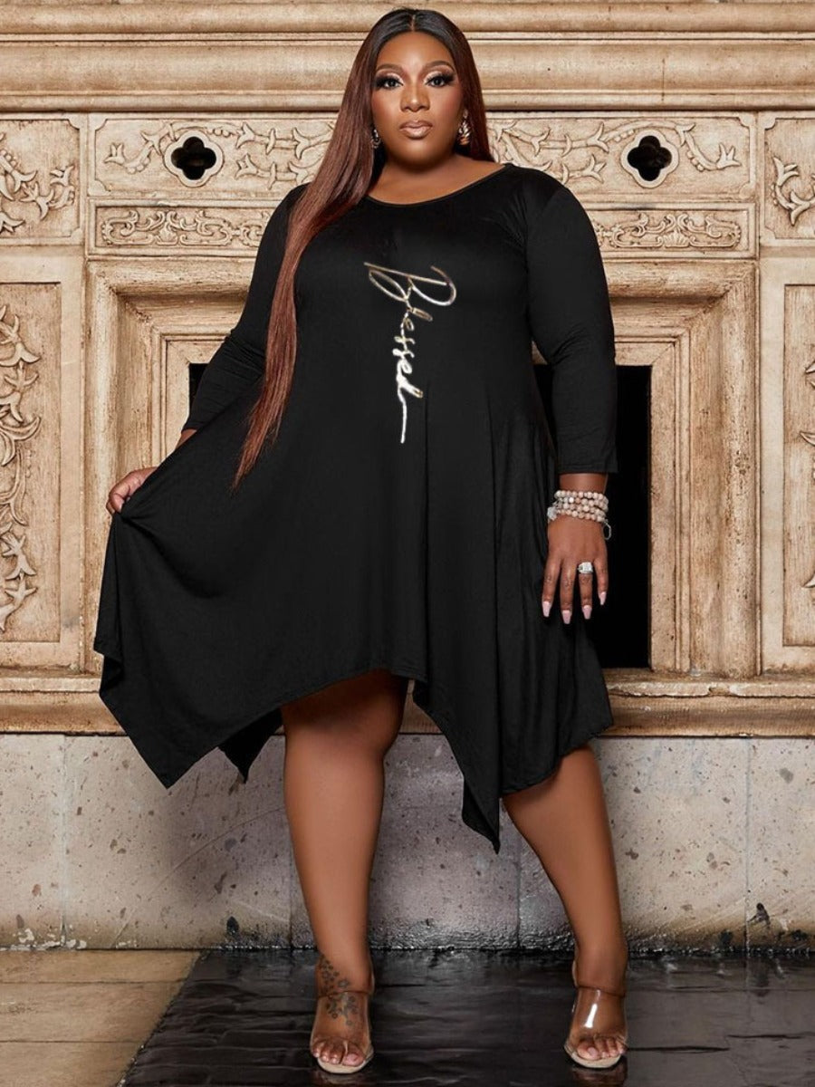 flowersverse Plus Size Ruffle Design Letter Print Dress AR5056