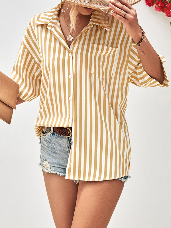 flowersverse Buttoned Striped Half Sleeves Loose Notched Collar Blouses&Shirts Tops