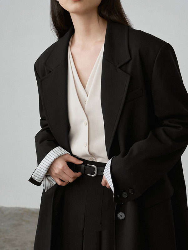 flowersverse Buttoned Solid Color False Two Long Sleeves V-Neck Blouses&Shirts Tops