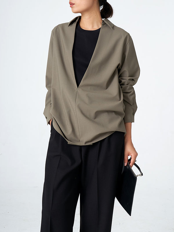 flowersverse Solid Color Long Sleeves Loose Deep V-Neck Blouses&Shirts Tops