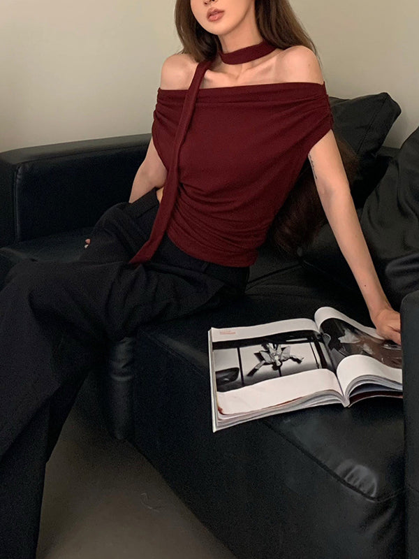 flowersverse Pleated Solid Color Tied Short Sleeves Off-The-Shoulder Blouses&Shirts Tops