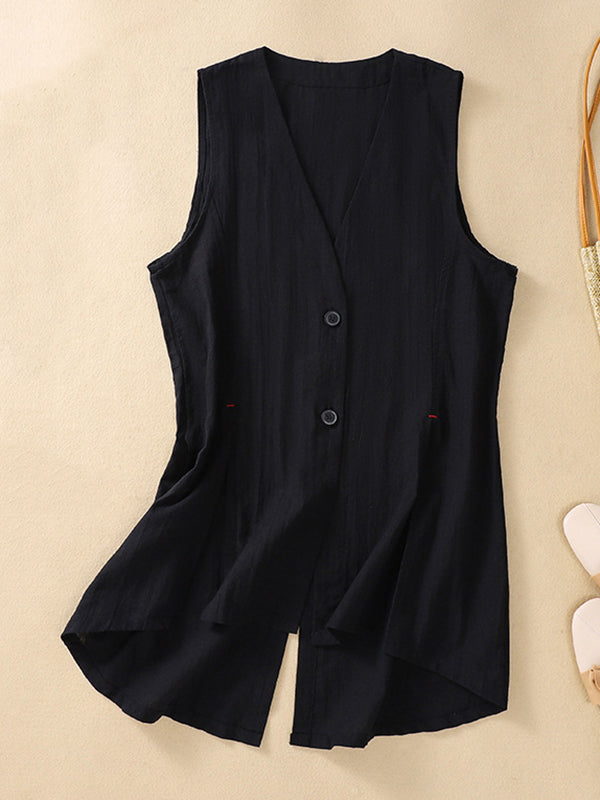 flowersverse Buttoned Solid Color Loose Sleeveless V-neck Vest Top